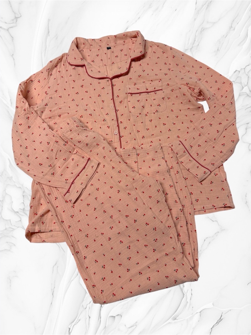 Women's Pink cherry print Pajama Set - Soft Long Sleeve Top & Pants medium